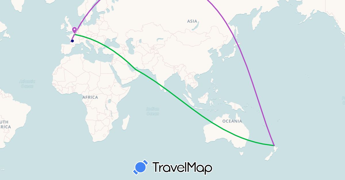 TravelMap itinerary: driving, bus, train in United Arab Emirates, France, New Zealand (Asia, Europe, Oceania)